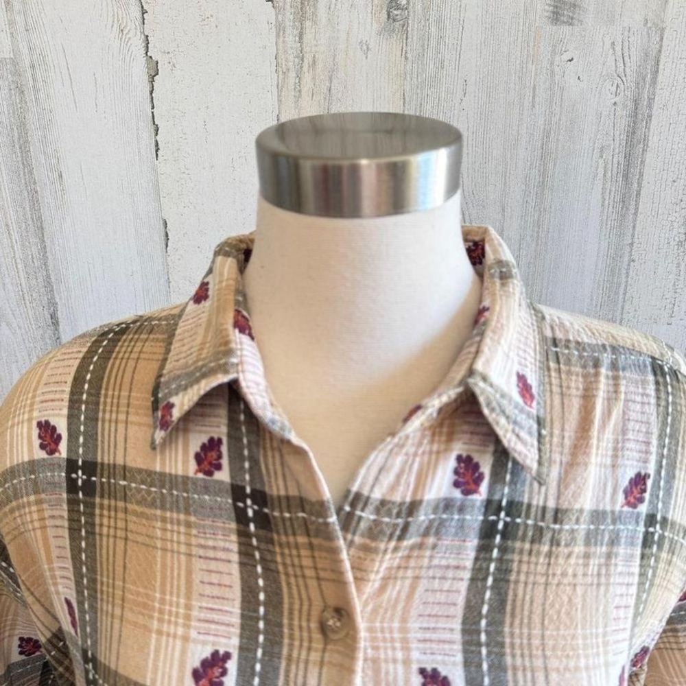 Vintage Plaid Button-Up Shirt 1X Cozy Fall Style Leaf Accents Thanksgiving - Picture 6 of 7